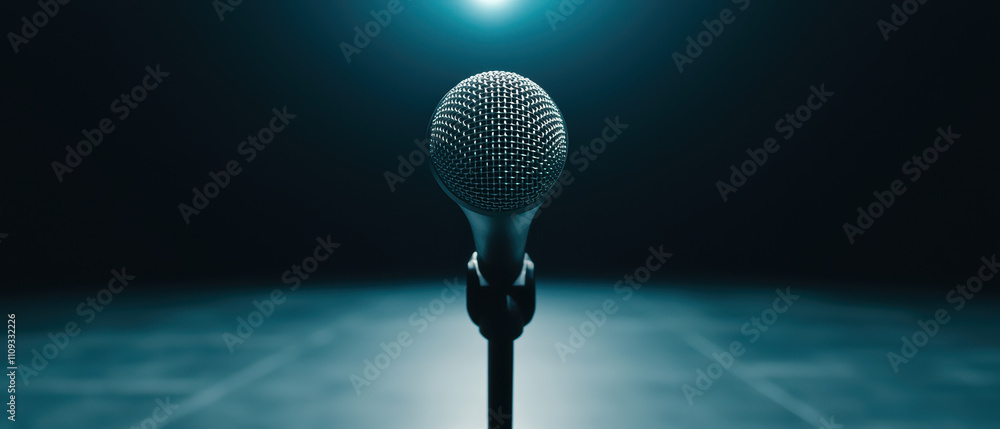 Poster microphone stands alone in spotlight, symbolizing performance and expression. its sleek design and f
