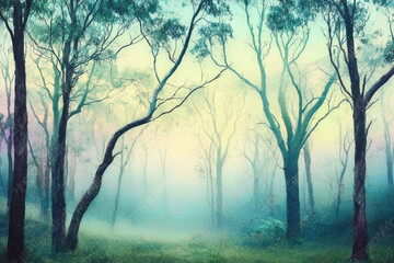 Misty forest with ethereal light.