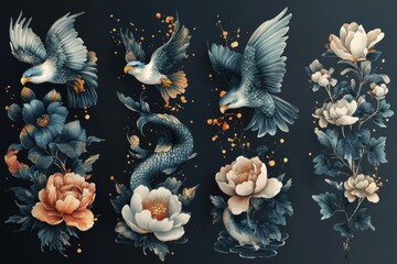 A decorative illustration featuring birds, flowers, and a dragon in an artistic style.