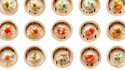 Fototapeta premium Delicious dumplings in bamboo steamers. A pattern of steamed dumplings in bamboo baskets, topped with colorful garnishes like scallions and sauce, showcasing traditional Asian cuisine.