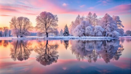 Snow-covered trees reflecting in a frozen lake under a pink winter sky, Winter, abstract, landscape, fantastic, snowy, trees