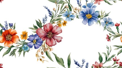 Seamless watercolor floral wreath pattern featuring wildflowers and leaves ideal for wedding invitations and greeting cards
