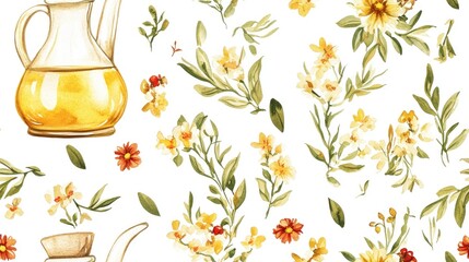 Seamless vintage watercolor pattern of a jug pouring oil perfect for designing stickers and kitchen accessories