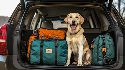 Happy Yellow Labrador in SUV Trunk with Travel Bags. AI generated illustration