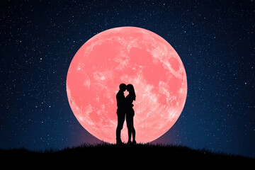 romantic silhouette of couple embracing under large pink moon against starry night sky creates dreamy atmosphere