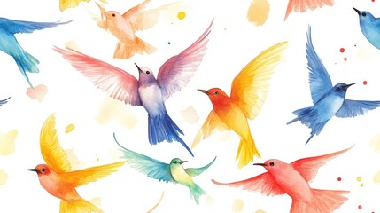 Fototapeta premium Seamless pattern featuring colorful watercolor swallows ideal for textile design and home decor
