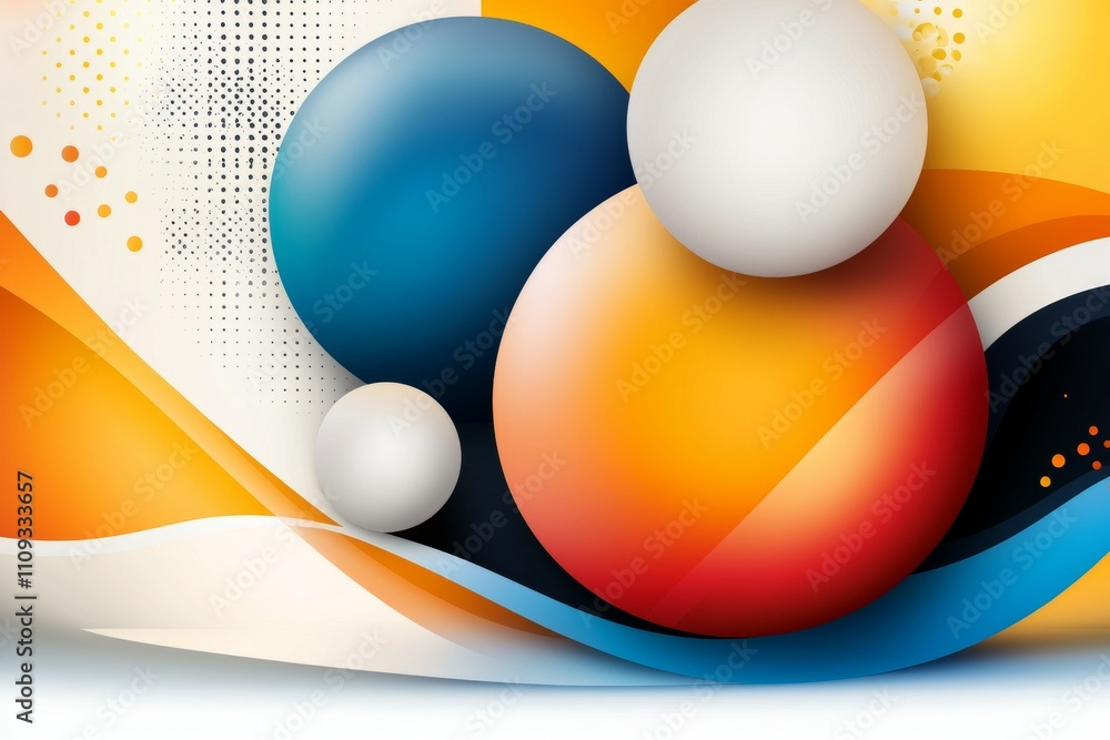 Poster abstract geometric design with colorful spheres and dynamic waves