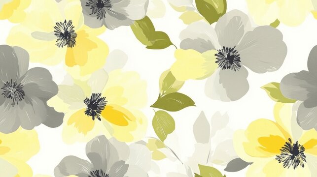Floral seamless pattern featuring blooming flowers in gray yellow and green hues ideal for spring themed designs