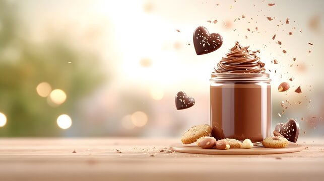 Playful 3D composition of chocolate spread surrounded by heart-shaped cookies and hazelnuts - Powered by Adobe