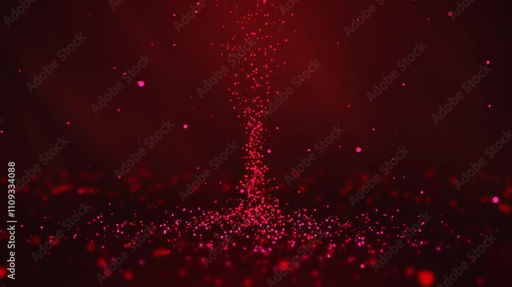 Poster red tornado at the center of particles twirling on the ground and flying in the air with light rays 