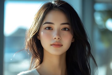 Naklejka premium Beautiful Asian Woman Close Up Sunlit Face Smooth Complexion Dark Background