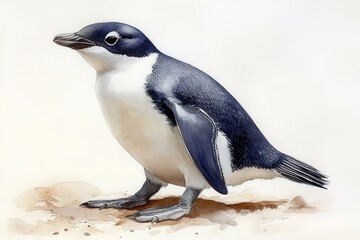 Obraz premium A detailed illustration of a small penguin standing upright on a sandy surface.