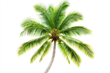 Fototapeta premium Tall palm tree with lush green leaves against bright white background, creating tropical and refreshing atmosphere