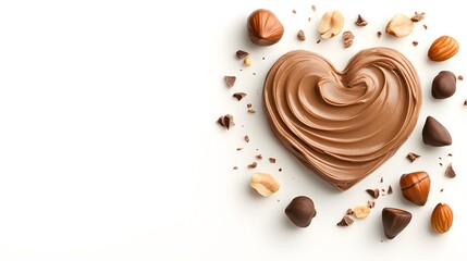 Fototapeta premium Swirls of chocolate hazelnut spread in a heart shape, surrounded by scattered hazelnuts, 3D artistic layout