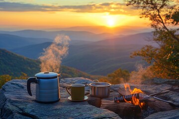 Coffee pot and mug on mountain top with sunrise and outdoor camping gear. AI generated illustration