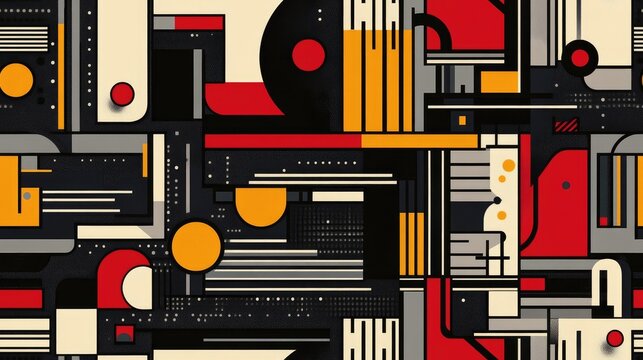 Abstract geometric constructivism seamless pattern featuring bold lines and vibrant colors ideal for avant garde textile and wallpaper design