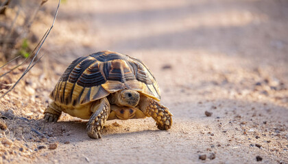 Obraz premium Leopard Tortoise Walking on a Sandy Path in the Afternoon Sun and Copy Space