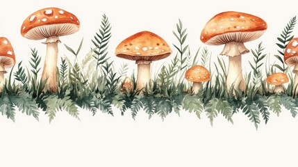 Seamless watercolor pattern of mushrooms on lush grass with a fern border perfect for nature themed decor and garden projects