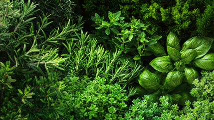 vibrant collection of fresh herbs and leaves, including basil, rosemary, and thyme, creates lush green display that evokes sense of freshness and vitality