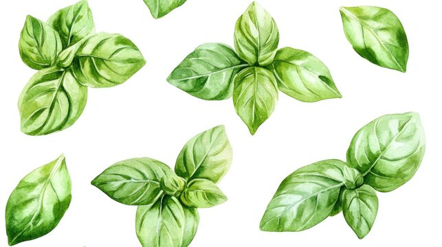 Seamless watercolor pattern featuring round frames adorned with basil sprigs ideal for menus and culinary branding