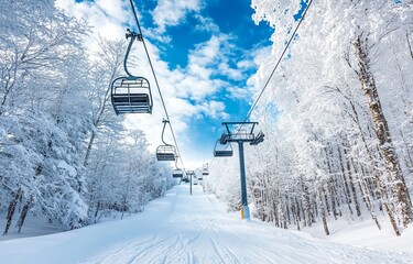Ski lift on a snow-covered mountain with blue sky and clouds in the Alps. AI generated illustration
