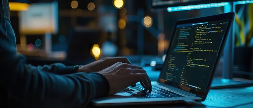 Software Engineer Coding Javascript on Laptop in Modern Tech Workspace