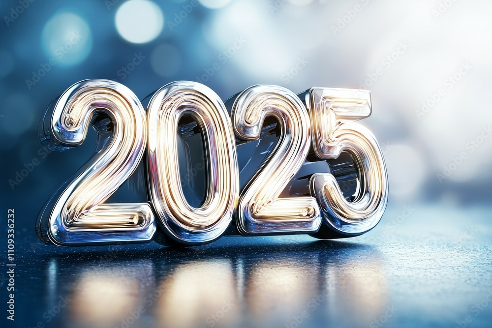 Poster glowing metallic 2025 design with bokeh background