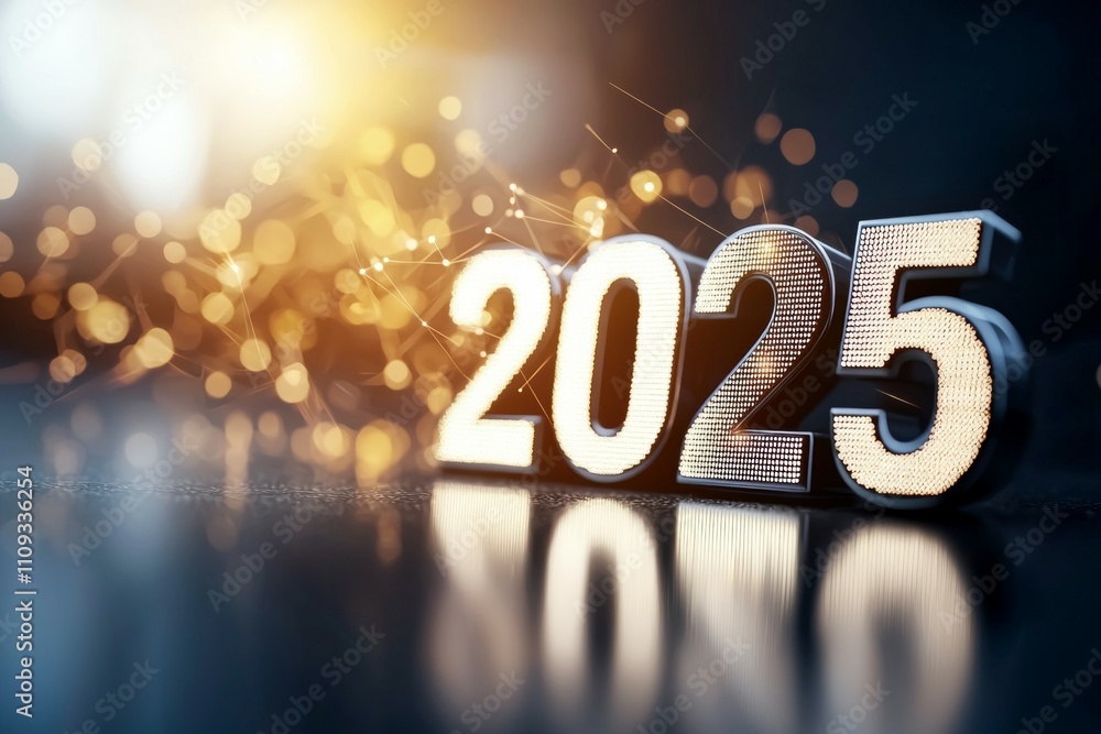 Poster illuminated 2025 with sparkling lights and bokeh background