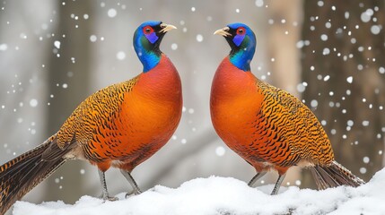 Two golden pheasants with blue heads and red bodies in a winter forest. AI generated illustration