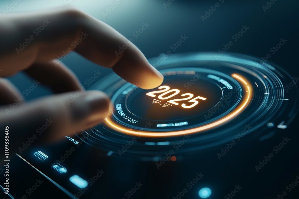 Poster futuristic touchscreen interface displaying the year 2025 with circular graphics