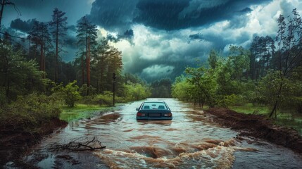 Car trapped in floodwaters on a forest road amidst heavy rain illustrating natural disaster impact