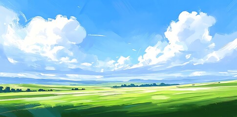 A flat grassy field illustration, pastel green and blue tones, white fluffy clouds scattered in the sky, inspired by a children's book style.