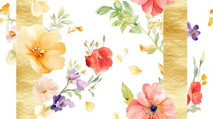 Gold letter i adorned with delicate watercolor flowers and leaves perfect for wedding invitations birthday celebrations greeting cards and logo designs floral alphabet seamless pattern