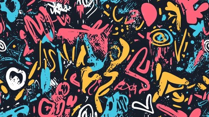 Vibrant seamless pattern featuring whimsical child art scribbles and ornate sketches with brushed graffiti elements ideal for creative design projects