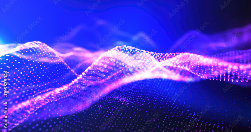 Poster abstract purple and blue digital wave pattern, creating a vivid and energetic visual with a blend of