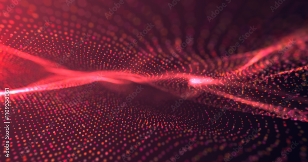 Poster abstract red wave pattern with glowing dots, giving an energetic and dynamic appearance, suitable fo