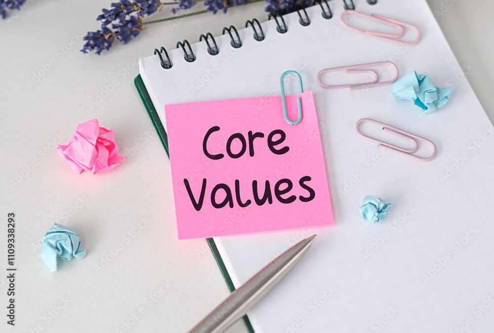 Poster the core values text on colored sticky notes next to the light bulb icon, copy space