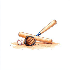 Baseball bat, glove, and ball on sandy surface, capturing essence of America favorite pastime. Perfect for sports enthusiasts and baseball lovers