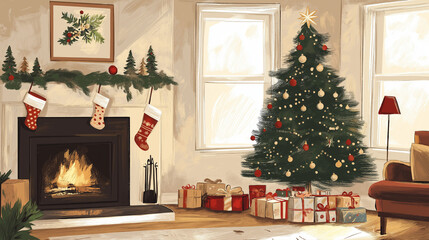 Obraz premium Christmas Living Room with Tree, Stockings, and Warm Ambiance
