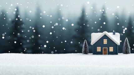 Fototapeta premium Cozy snow-covered house in a winter forest with falling snowflakes, evoking warmth and tranquility in a serene, frosty landscape.