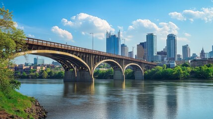 Obraz premium City skyline with bridge and river.