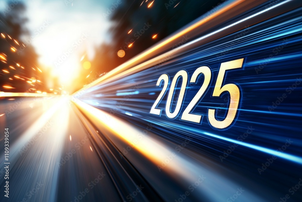 Poster speeding towards 2025: futuristic light trails and motion in dynamic landscape