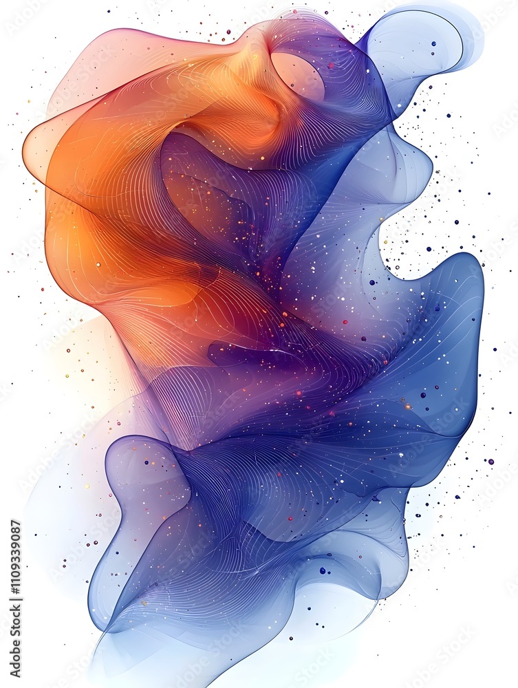 Poster an abstract digital artwork featuring flowing waves of orange and blue colors, blending together har