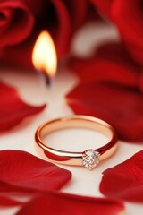 A stunning gold ring with a sparkling diamond, surrounded by red rose petals and a glowing candle, creating a romantic ambiance.