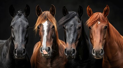 Fototapeta premium Horse group portrait at black background for banner