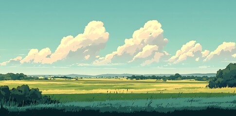 A flat illustration of a grassy field with soft green tones, white clouds in a pastel blue sky, inspired by children's books. 