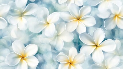 Fototapeta premium Seamless pattern of hand painted white plumeria flowers in a watercolor style ideal for stylish floral textiles botanical design home decor