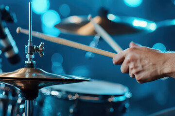 Obraz premium Closeup of drummer playing cymbals with dynamic intensity, showcasing skill and passion in vibrant atmosphere
