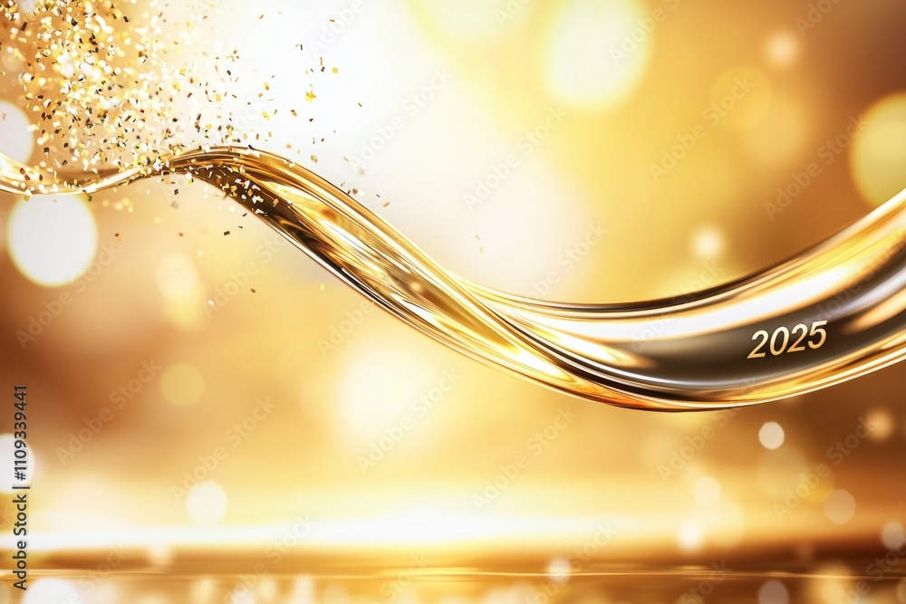 Poster abstract golden wave with 2025 text and sparkling particles on a glowing background