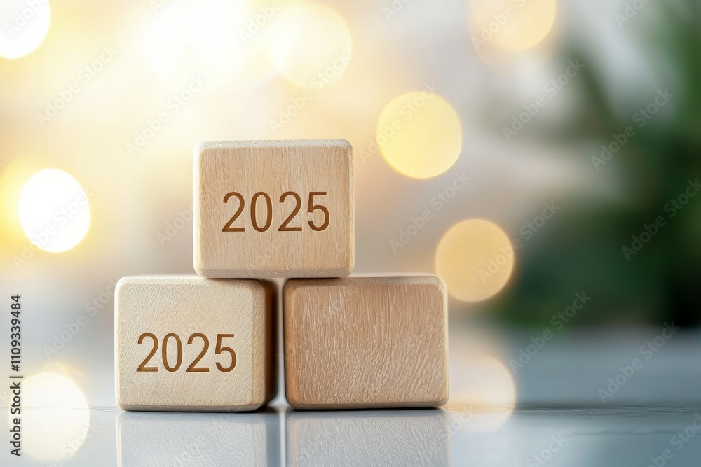 Poster wooden blocks displaying the year 2025 with bokeh lights in the background